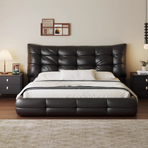 Willy-style minimalist black genuine leather bed minimalist modern advanced luxury master bedroom with big bed soft bag double bed high-end atmosphere