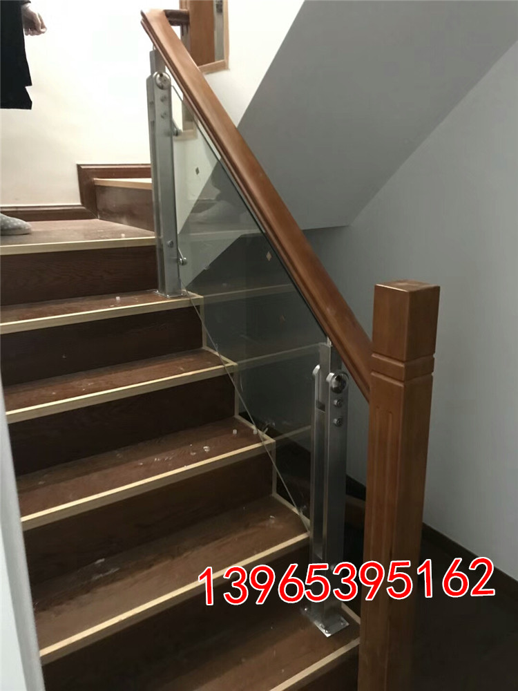 Wuhan guardrail steel wood Indoor stairs mahogany attic solid wood stainless steel column railing wooden handrail door custom
