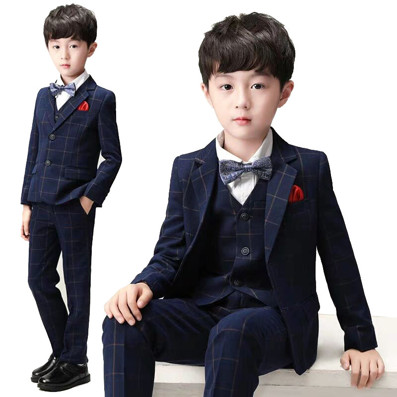 Young boy suit suit boy flower boy wedding gown Spring children's checkered Korean version Spring and autumn Western suit Three sets