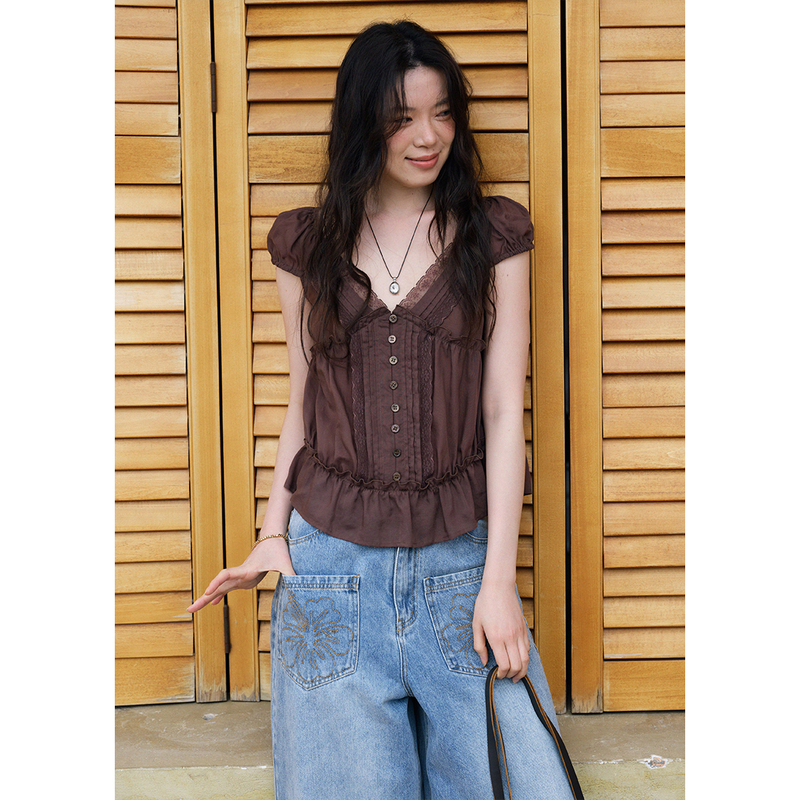 Blueerror Lyocell Lace V-Neck Short-Sleeved Shirt for Women Breathable Short Top Brown Top Summer