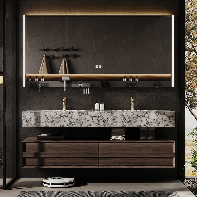 Italian Light Luxury Style Marble Bathroom Cabinet Set with Lacquered Solid Wood Washbasin, Double Basin Vanity for Bathroom
