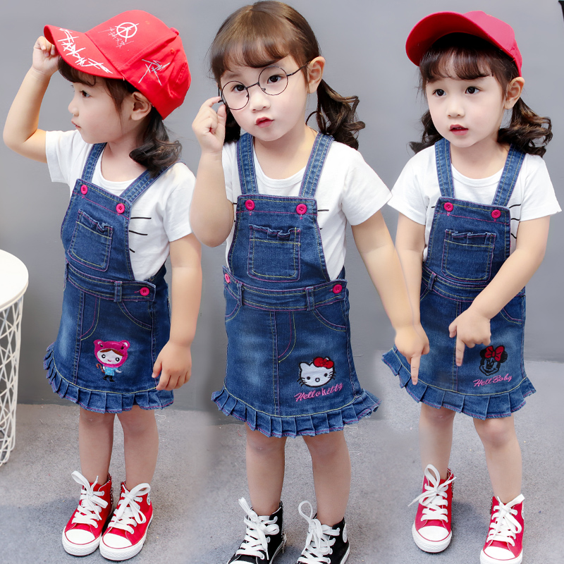 Denim Dungaree Dress with Frilly Straps for Girls - stone, Girls