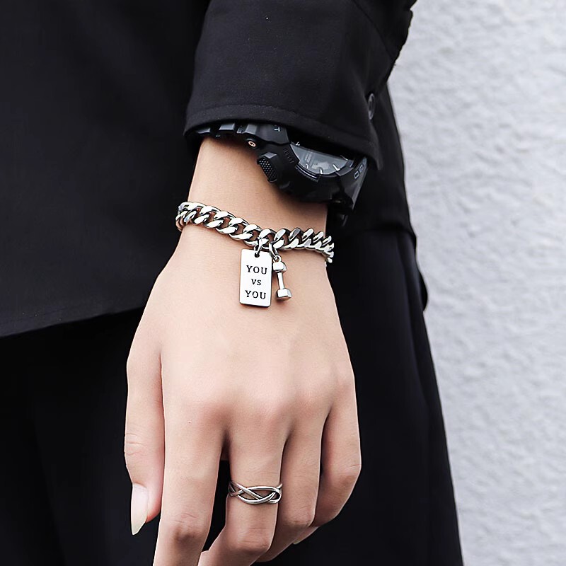 Cuban Bracelet for Men, Pure Silver, Couple Set, European and American Hip-Hop Style, Dumbbell Thick Chain Jewelry, Women's Summer Niche Design