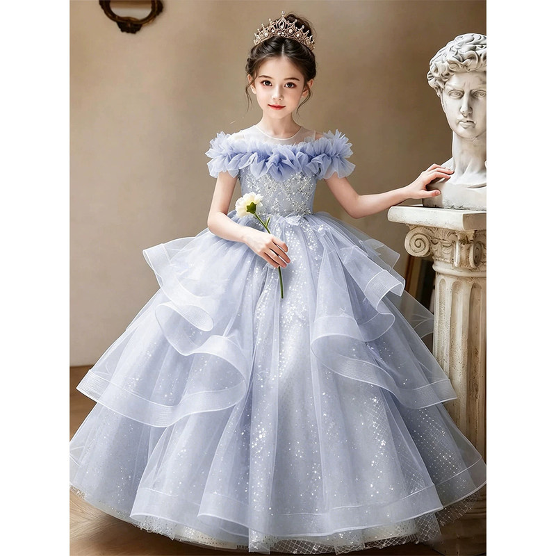 Hostess Dress for Girls, One-Shoulder Piano Performance Dress, High-End Children's Long Birthday Princess Dress