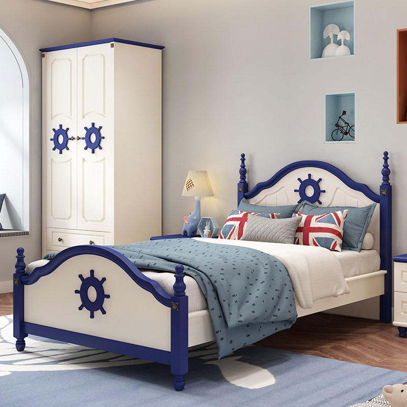 Mediterranean style children's room boys' bedroom solid wood furniture blue children's bed and wardrobe desk combination set