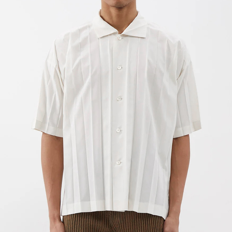 Miyake-Style Pleated Shirt, Summer High-End Casual Drapey Silhouette Short-Sleeved White Shirt for Men Fj366