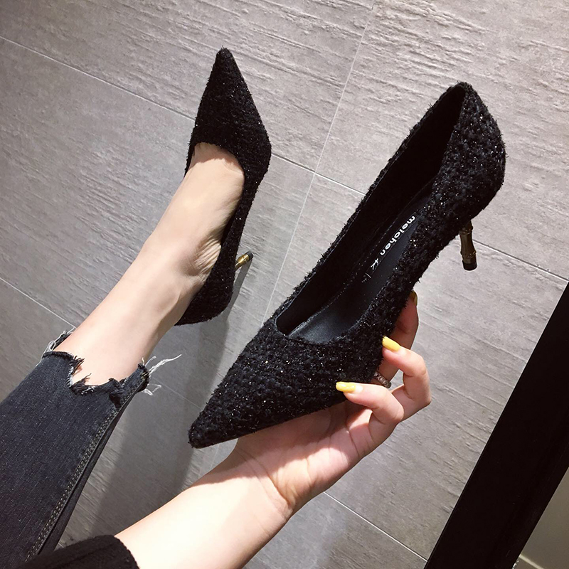 2022 Spring Summer New Black High heel Shoes Temperament Net Red 100 Hitch Style Female Fine Heel Career Single Shoes