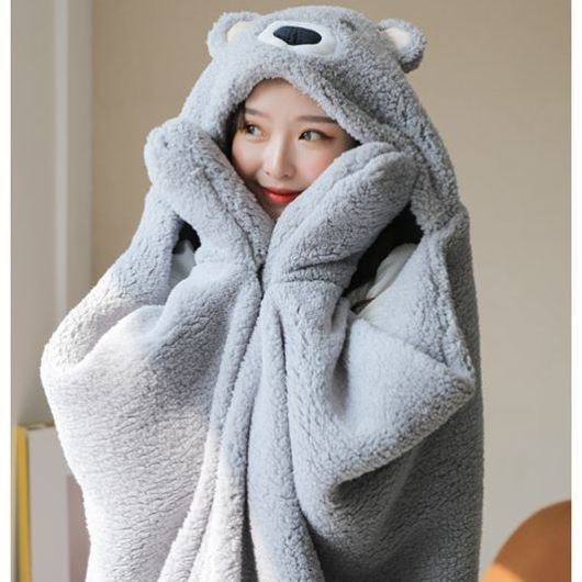 Winter hooded nap shawl blanket cape-style office thickening warm velvet cute pupils lunch break cartoon