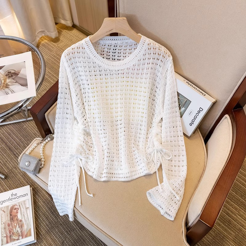 Round Neck Hollow-Out Cardigan Knitwear for Women, Air-Conditioning Shirt, Thin Sweater, Spring and Summer Long-Sleeve Fashion Drawstring Hem Top, Trendy