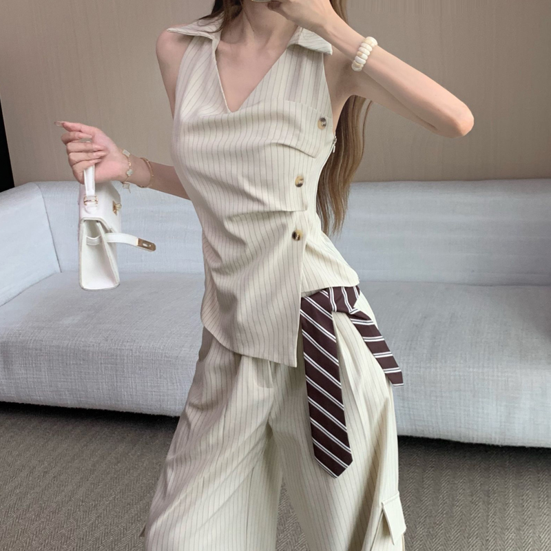 Fashionable and Cool Apricot-Colored Summer Outfit for Women: Stylish Striped Ruched Tank Top + Straight Wide-Leg Pants Set