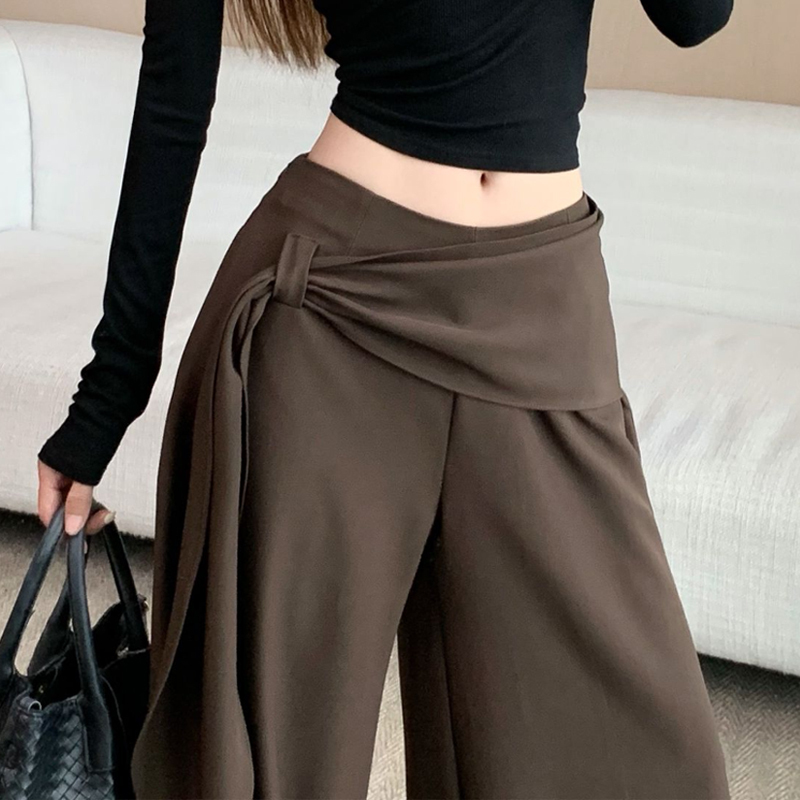 Brown Wide-Leg Pants for Women, Autumn Design, High-Waisted with Drawstring, Slimming, Versatile, Drapey, Straight-Leg, Floor-Length Casual Pants Brown Wide-Leg Pants for Women, Autumn Design, High-Waisted with Drawstring, Slimming, Versatile, Drapey, Straight-Leg, Floor-Length Casual Pants