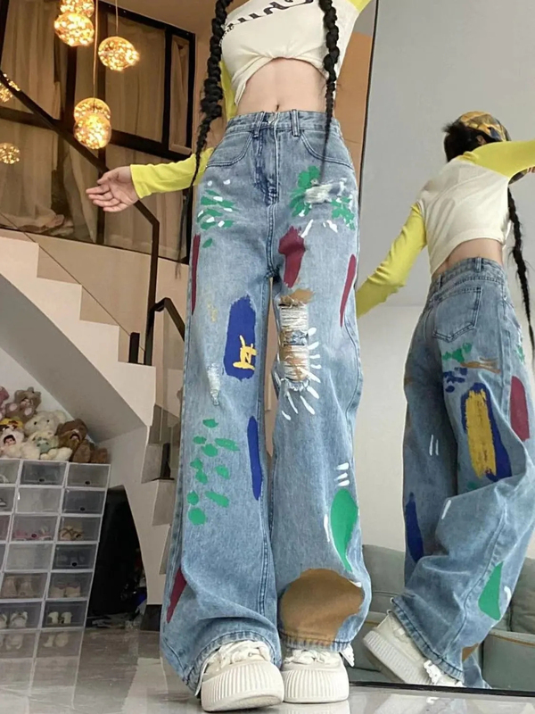 Trendy Thin Women's Clothing with Personalized Graffiti Jeans, Internet-Famous Ripped High-Waisted Floor-Length Denim Wide-Leg Pants