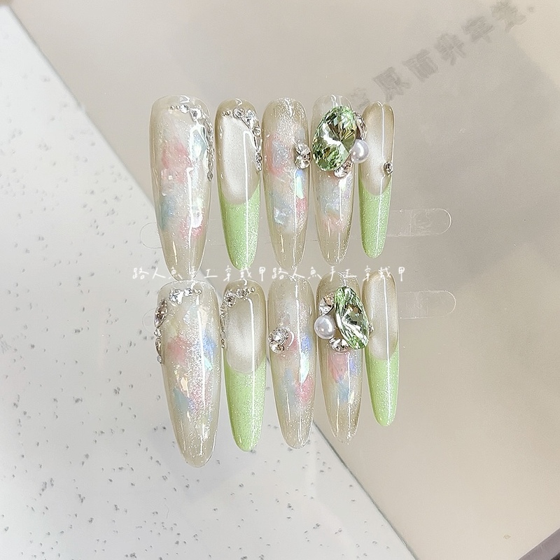 Handmade Manicure Wearable Nails in Mint Green with a High-End Feel, Medium-Length, Brightening Effect, French Cat-Eye Style, High-Quality and Stunning Wearable Nails
