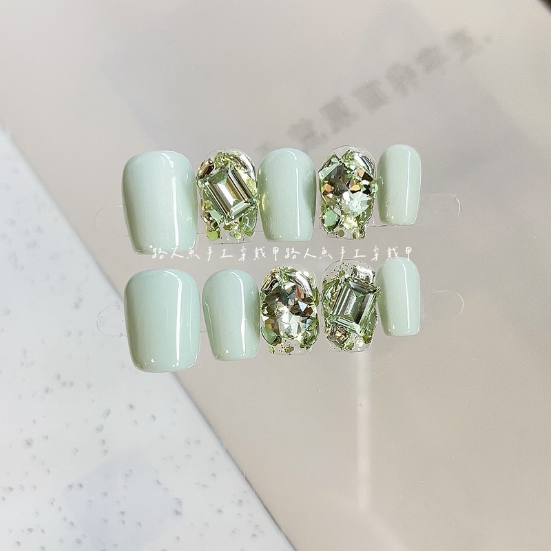 Purely Handmade Manicure, Short Mint Green High-End Exquisite Nail Patches, High-End Sparkling Diamond Nail Patches