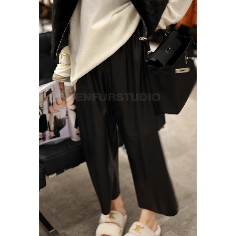 Enfur |   Private Label Leather Pants Elastic Waist Wide-Leg Sheepskin Leather Pants Gg68509