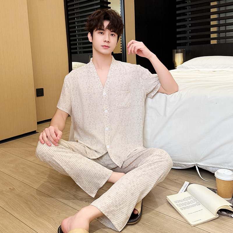 Summer Cotton Silk Pajamas, Large Size, Can Be Worn Outside, Thin Men's Cardigan, Short-Sleeved Trousers, Cotton Silk Home Clothes Set, Loose Fit Summer Cotton Silk Pajamas, Large Size, Can Be Worn Outside, Thin Men's Cardigan, Short-Sleeved Trousers, Cotton Silk Home Clothes Set, Loose Fit