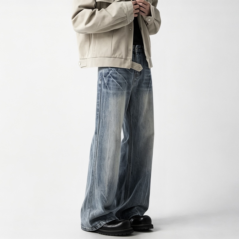 Fpcj American Vibe Lightning Crack Pattern Blue Jeans for Men Cleanfit Slightly Flared Slimming Pants