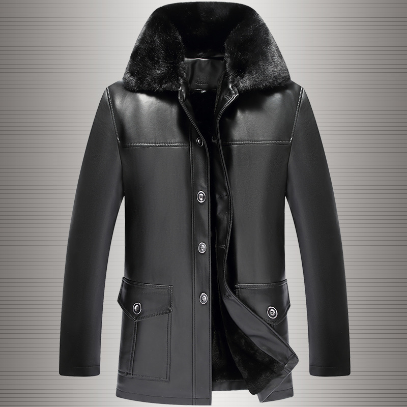 Mid-Length Leather Jacket for Men, Middle-Aged and Elderly, Fleece-Lined and Thickened Pu Leather Coat, Trench Coat, Dad's Winter Style Fur Collar Jacket