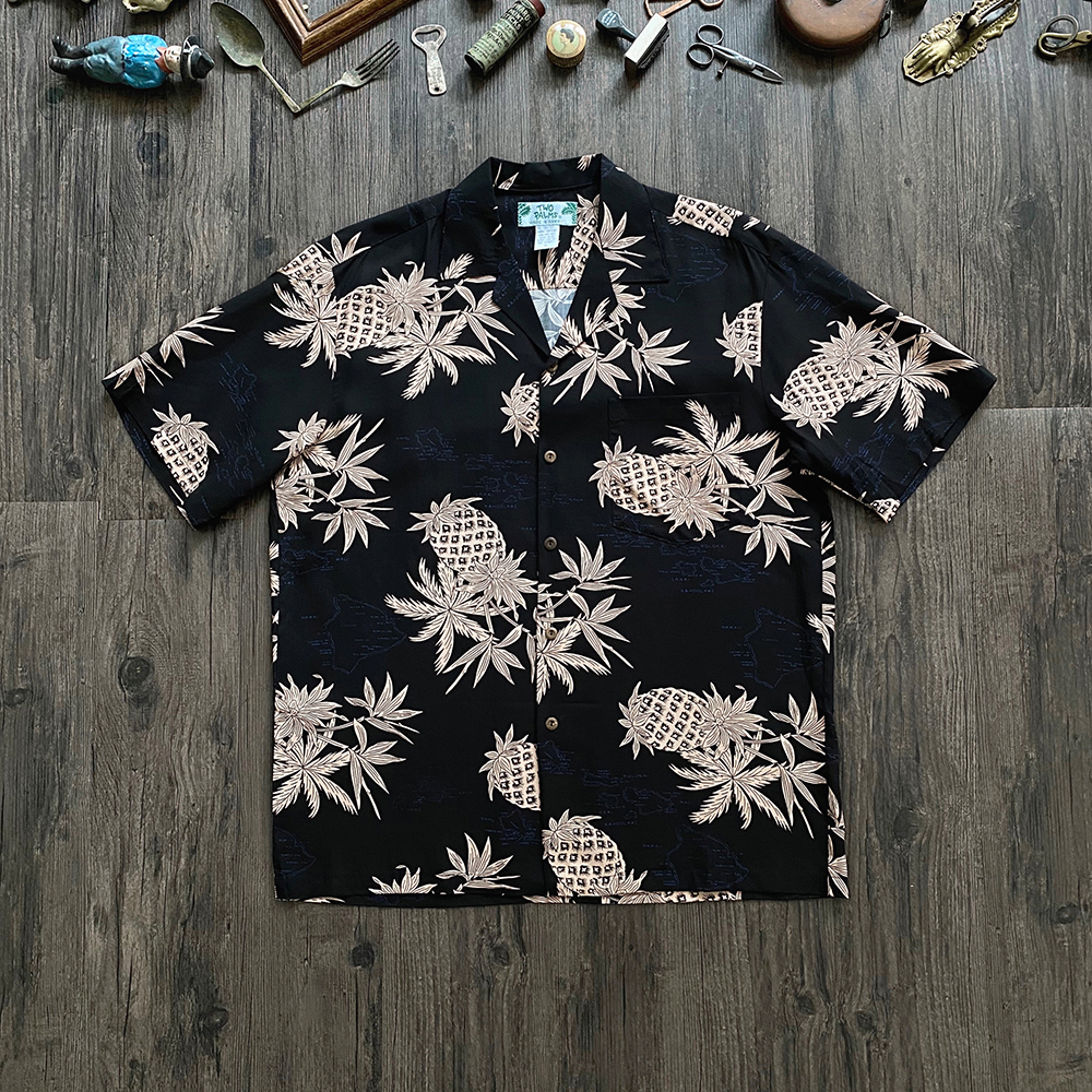 Spot Two Palms American made black pineapple print Hawaiian shirt Cuban collar American retro