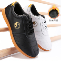 Jinji Tai Chi shoes black womens genuine leather tendon bottom martial arts shoes mens autumn and winter velvet thickened cotton shoes white practice shoes
