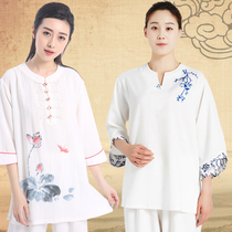Jinwu Tai Chi suit womens short-sleeved cotton and hemp seven-point sleeve Tai Chi Chuan clothing Martial arts clothing embroidery practice performance clothing summer