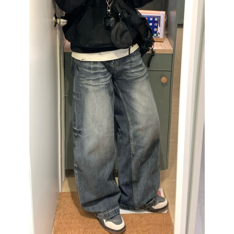 Yuy Shop American Retro Baggy Scimitar Jeans for Men and Women, Versatile Trendy Brand Washed and Relaxed Long Pants