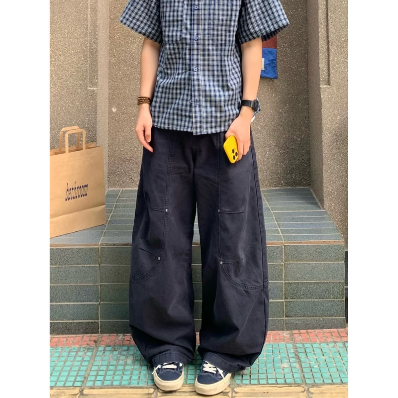 Yuy Shop American Retro Workwear Street Style Dark Blue Casual Pants with a Unique Design for Men and Women
