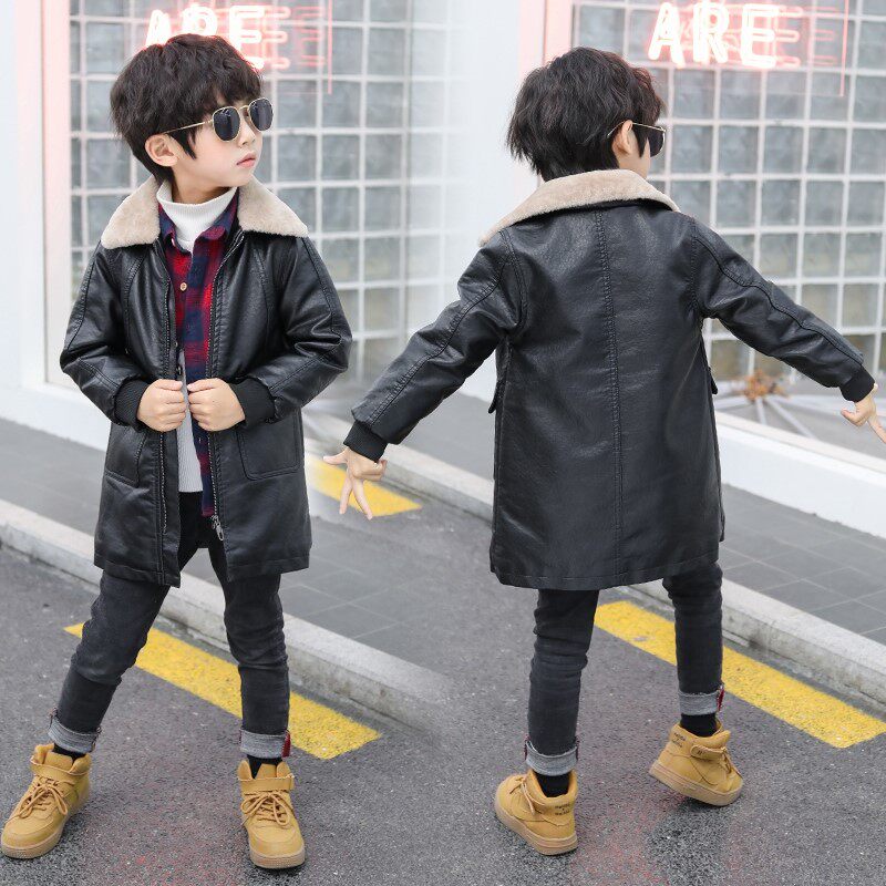 Fall/Winter 2021 New Korean Edition Plus Velvet Thickened Medium long Boys' Leather Jacket Genuine Leather Children's Leather Jacket Tide