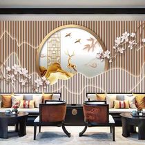 Light luxury new Chinese painting tea room sofa background wall Cai Erguan beauty salon hotel club bamboo fiber integrated wall