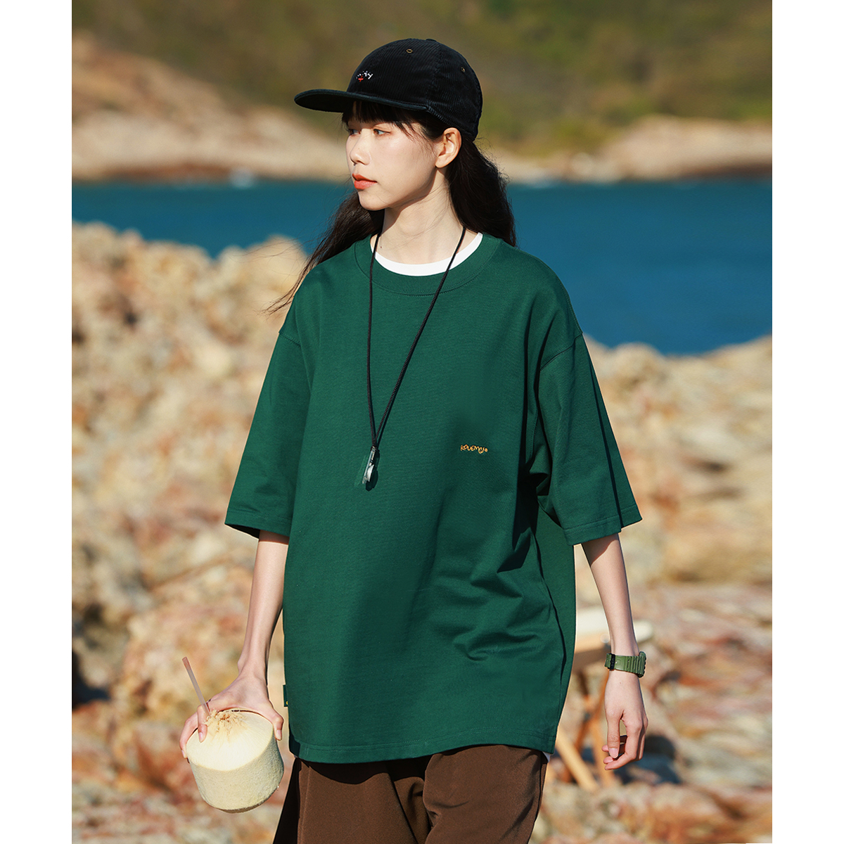 KOUEMGI AIR TASTE SUMMER DAY DEPARTMENT GREEN 280g HEAVY POUND SHORT SLEEVE T-SHIRT MALE INS TIDE CARD LOOSE PURE COTTON HALF SLEEVE