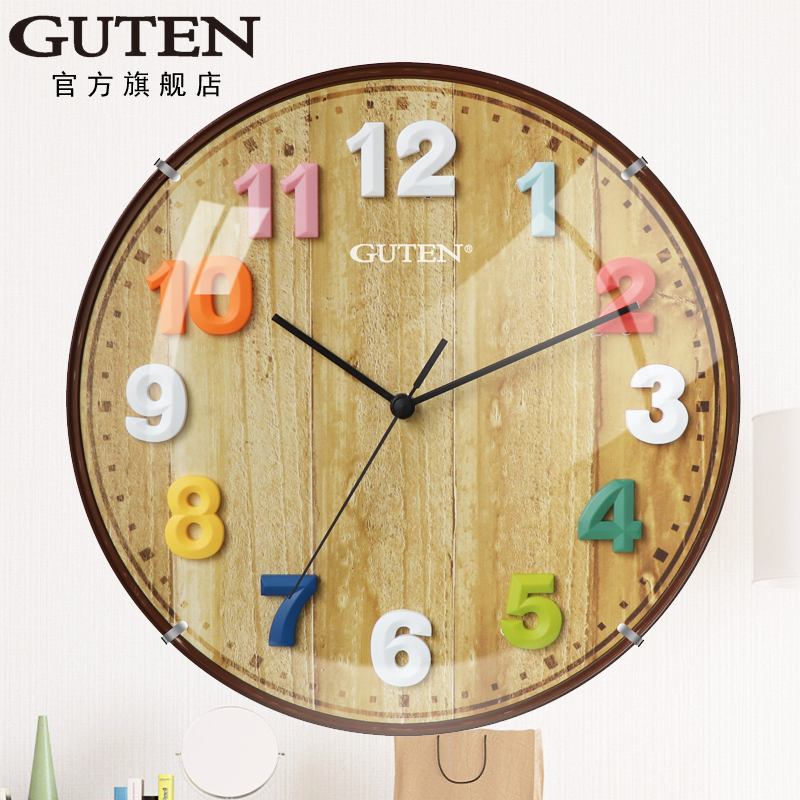 Golden Treasure color three-dimensional digital children's wall clock Nordic Wood grain clock face 12-inch silent bedroom living room clock