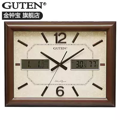 Golden Bell LCD multifunctional square solid wood wall clock week calendar humidity temperature living room dining room silent clock