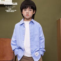 Z A I X O N G J A SIMPLE LIGHT BLUE SMALL WHITE MARK LONG SLEEVE FLAP COLLAR SHIRT JACKET JACKET SMALL AND LARGE BOY BOY COTTON