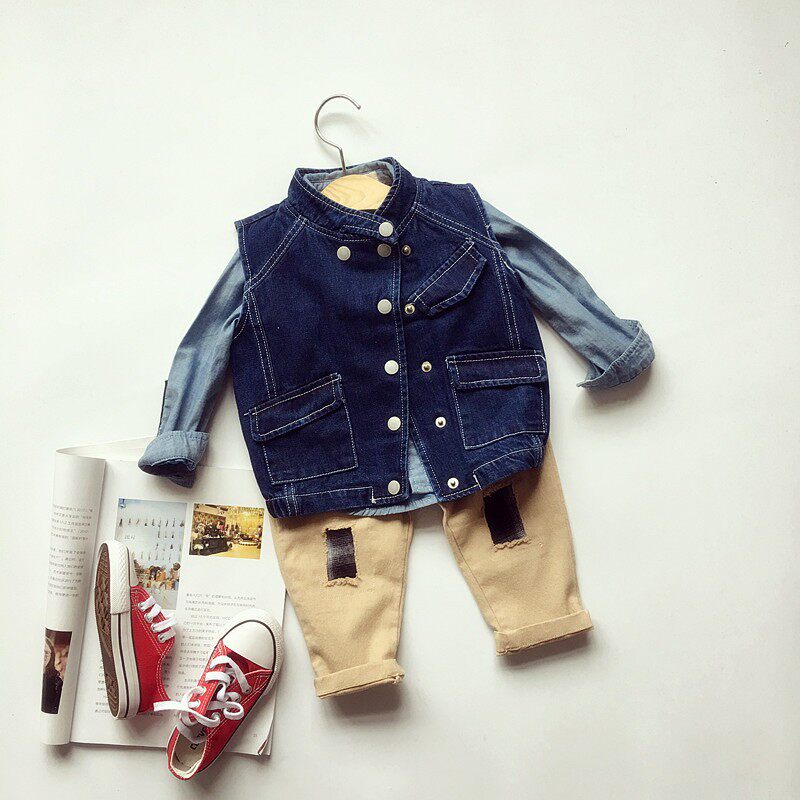 Boys and girls baby middle and small children children's casual solid color handsome motorcycle soft denim vest sleeveless top tops children's clothing