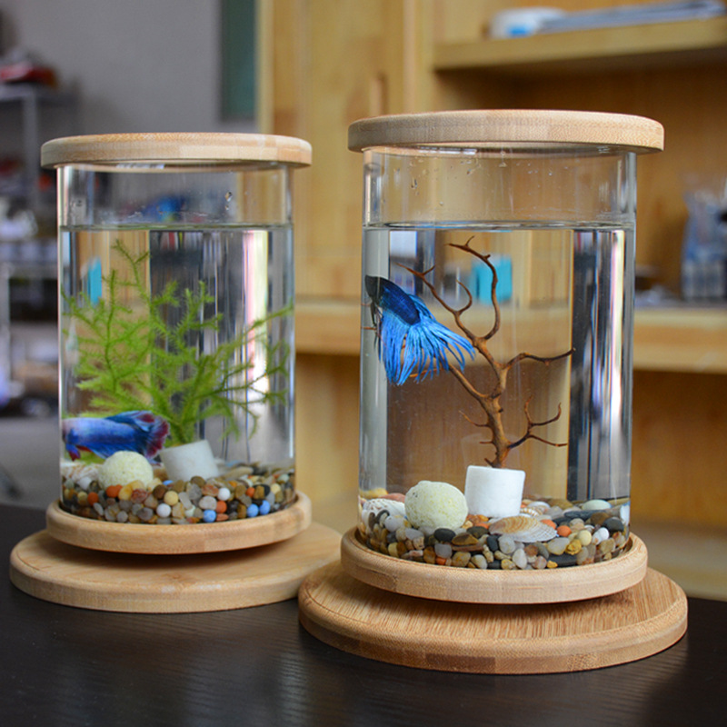 Tempered glass micro-scene cylinder rotates bedroom fish tank piercing fish tank mini-small desktop ecological bottle creative office