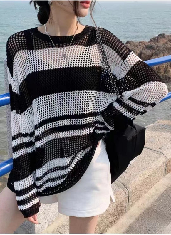 Summer Black and White Striped Ice Silk Knit Top for Women, Thin, Loose, Lazy Style, Sun Protection Cover-Up, Sexy Hollow-Out Top Summer Black and White Striped Ice Silk Knit Top for Women, Thin, Loose, Lazy Style, Sun Protection Cover-Up, Sexy Hollow-Out Top