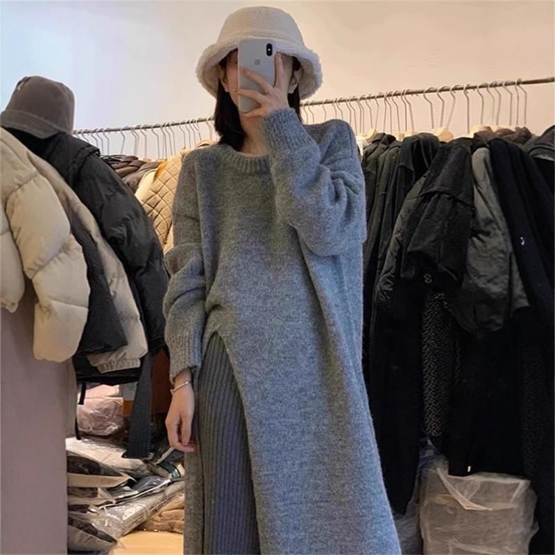 Autumn and Winter Lazy Style Round Neck Pullover Sweater Dress for Women, Loose Over-The-Knee Mid-Length Side Slit Knitted Dress
