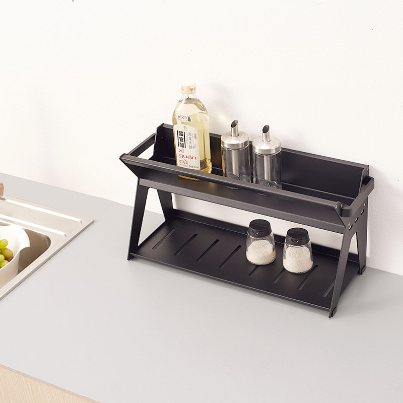 Space aluminum double-layer kitchen rack seasoning condiment multi-functional storage rack wall wall-mounted kitchen and bathroom shelf
