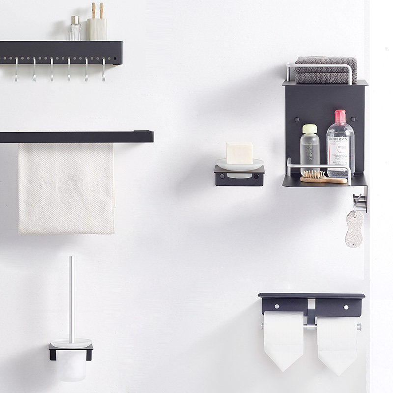 Non-perforated bathroom shelf Wall-mounted powder room wall corner rack Wall-mounted nail-free space aluminum shelf black