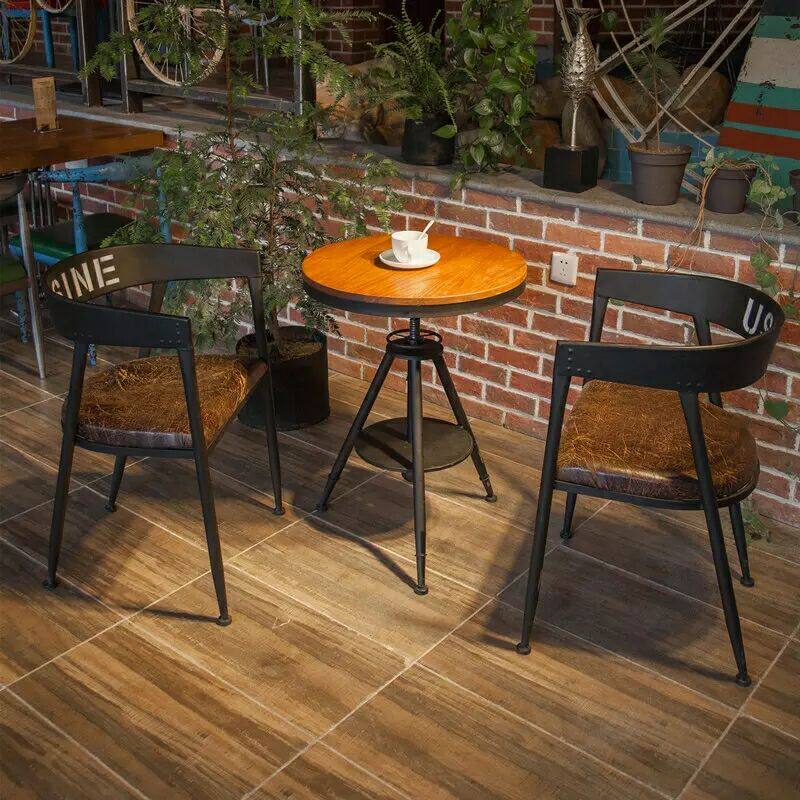 American wrought iron cafe restaurant retro small round table music dining bar dining room solid wood dining table chair backrest