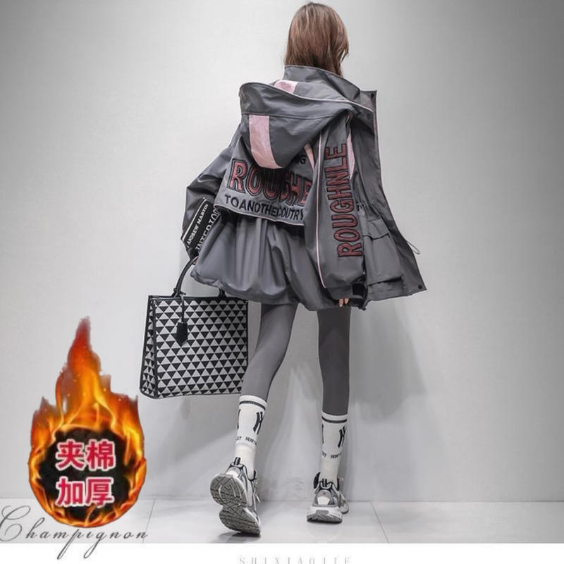 European-Style Hooded Trench Coat for Women, 2025 Spring and Autumn New Style, Heavy Embroidery, Slimming Mid-Length Padded Jacket