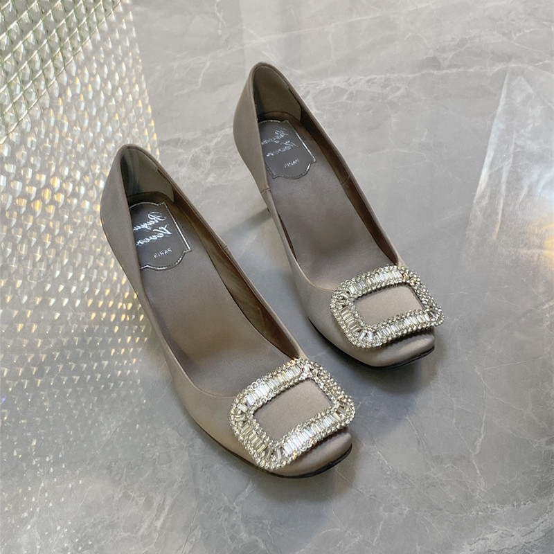 Wang Man's Same Style Shoes 2026 New Women's Shoes Elegant Satin Rhinestone Square Buckle Single Shoes Wedding Shoes Rv High Heels