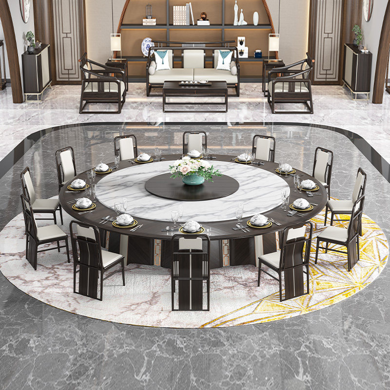 Gold Sheng Hotel Electric Big Round Table Automatic Rotary Hot Pot Table One Person One Pot Solid Wood Rock Plate Dining Table And Chairs Combination