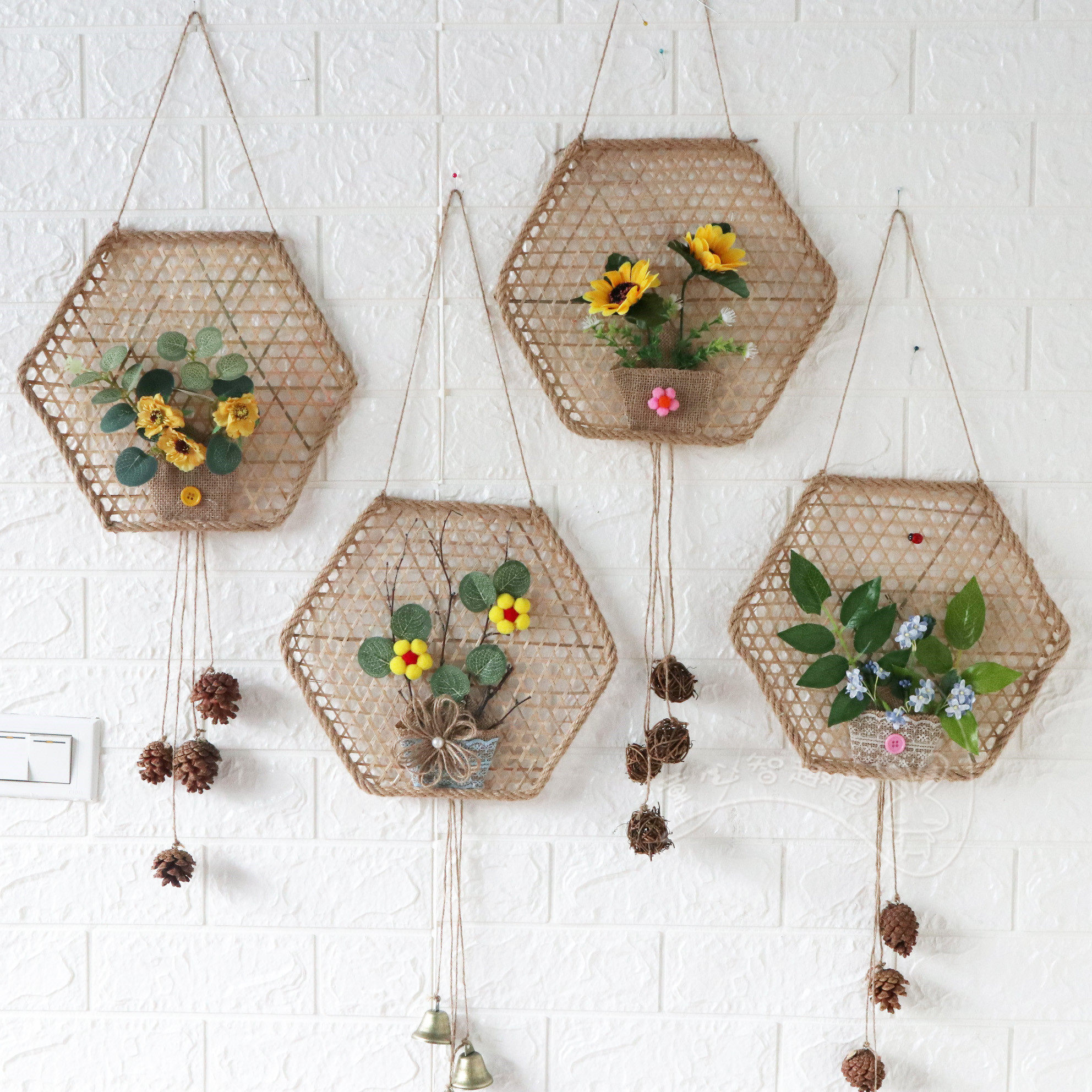 Bamboo net hanging ornaments Kindergarten ring creative decoration materials Forest system pastoral style creative handmade hemp rope bamboo products hanging ornaments