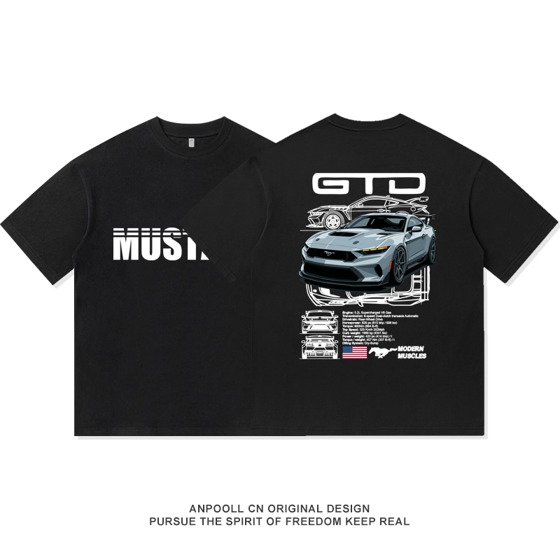 Ford Mustang American-Style Big V8 Modified Sports Car Black Horse Pure Cotton Short-Sleeve T-Shirt Men's Loose Fit