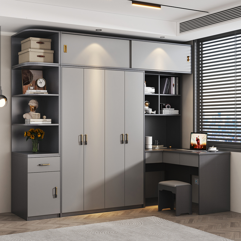 Wardrobe with Integrated Corner Desk, Writing Desk in High-End Gray, Computer Desk for Small Apartments, L-Shaped Corner Multifunctional 7-Piece Combination Cabinet Wardrobe with Integrated Corner Desk, Writing Desk in High-End Gray, Computer Desk for Small Apartments, L-Shaped Corner Multifunctional 7-Piece Combination Cabinet