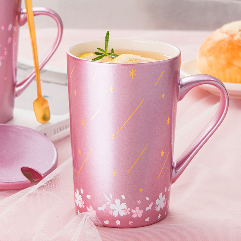 Japanese creative cherry blossom put ceramic cup keller cup express female students with cover spoon coffee cup