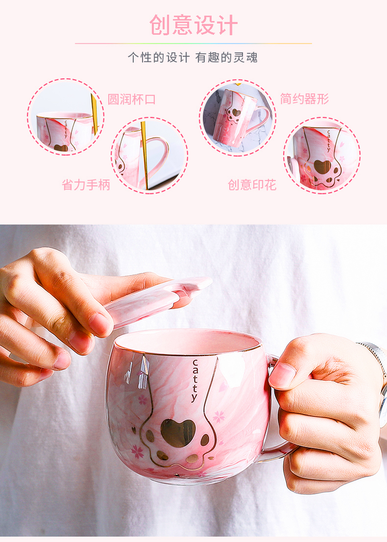 Creative cat claw cup, lovely ceramic cups with cover spoon lovers mugs female male students home coffee cup