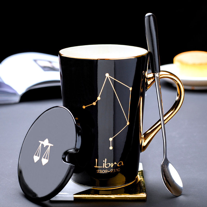 Creative constellation cup Gold ceramic couple water cup Simple mug Home with lid spoon Coffee cup Office