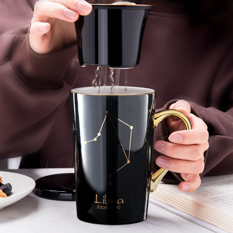 Creative ceramic cups filter move mark cup with cover spoon coffee cup of water glass box office